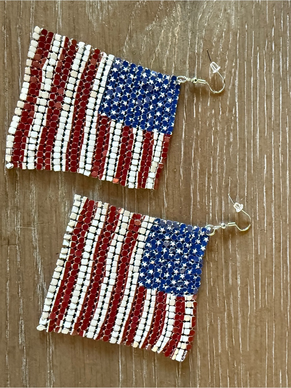 American Flag Beaded Dangle Earrings - Red White Blue
